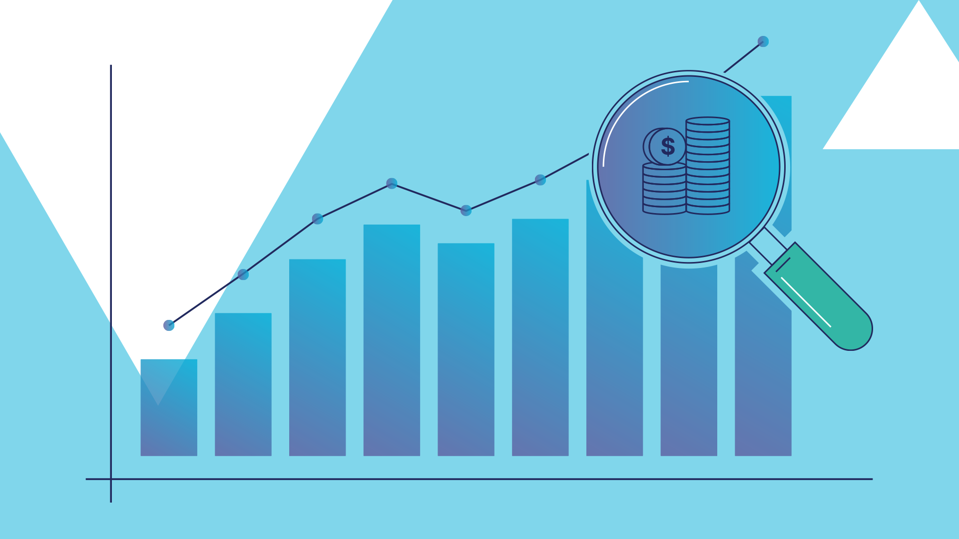 Bar graph with magnifying glass and money